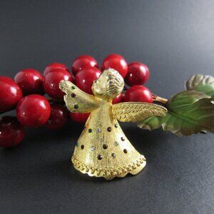 VINTAGE GOLD TONE MULTICOLOR RHINESTONES ANGEL BROOCH